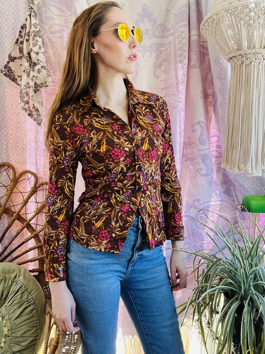 Vintage Blouse Bold Retro Print Collared Shirt Casual Or Formal Office Workwear