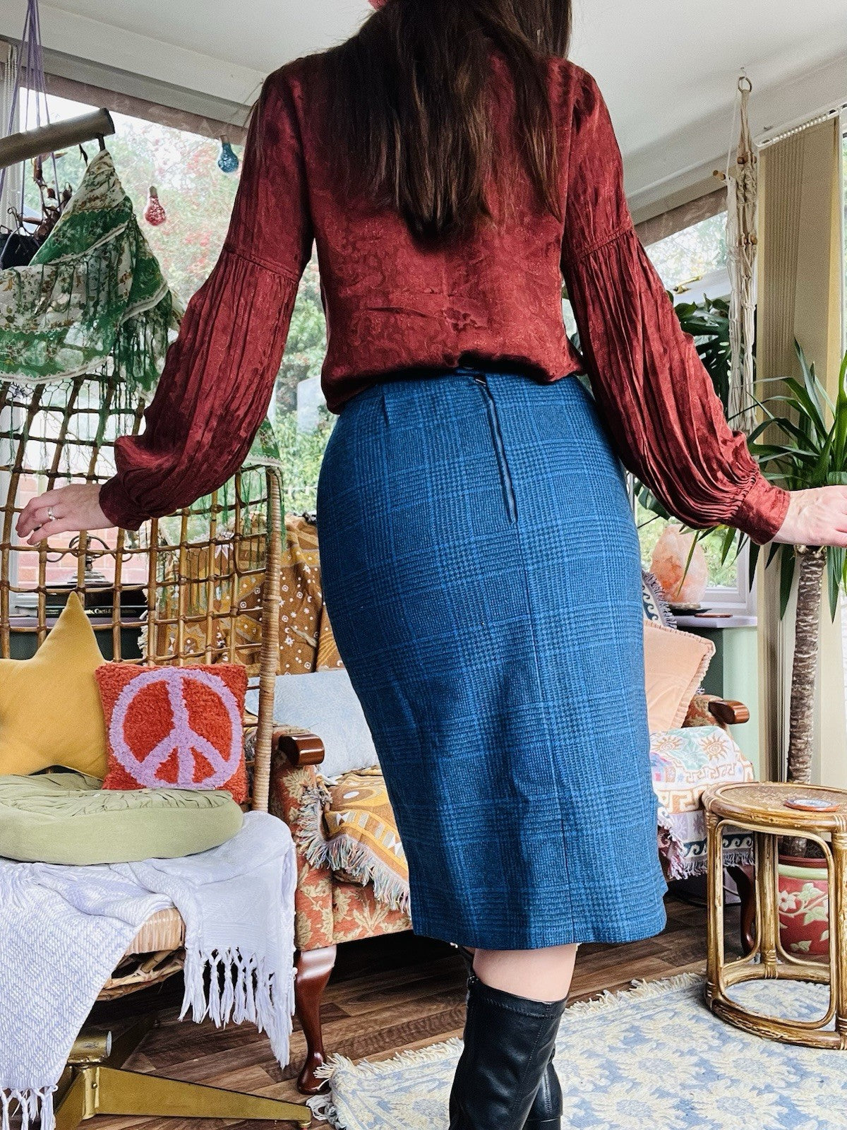 Vintage 1980s Office Skirt, High Waist Midi Length Check Work Wear Size 12 Blue