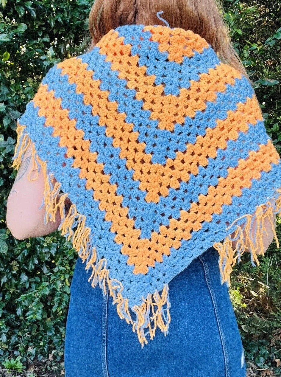 Vintage Boho Crochet Shawl Hippie Triangle Knit Wrap Cape Cottage Whimsy Scarf