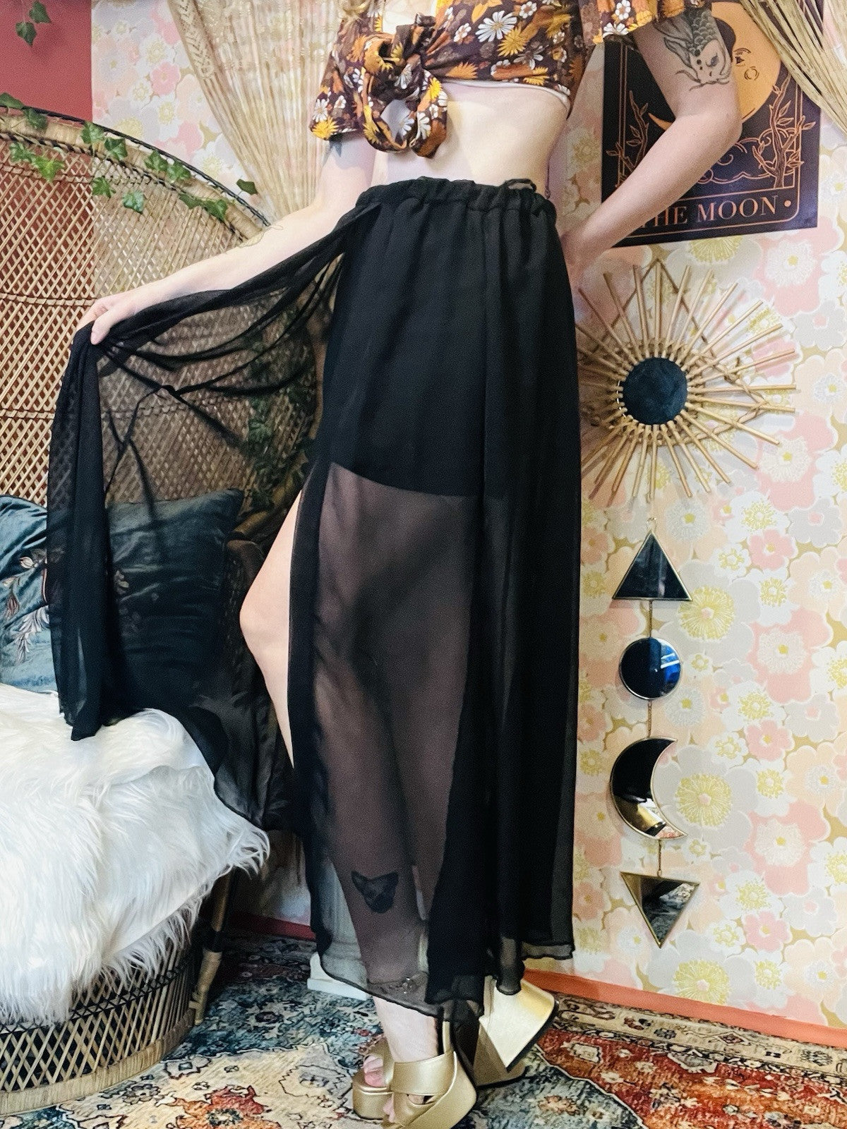 Vintage 1990s Sheer Skirt With Shorts And Slit Elasticated Waist Skort Black S