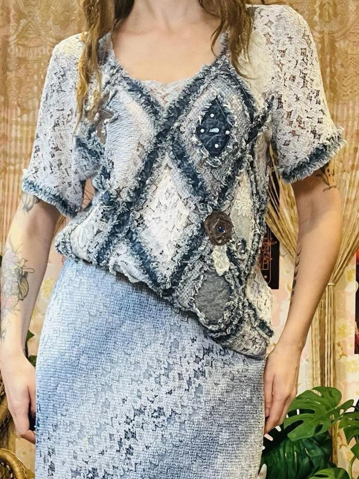 Vintage 1990s Two Price Coord Set Maxi Skirt T-shirt Top Frayed Denim Look 14