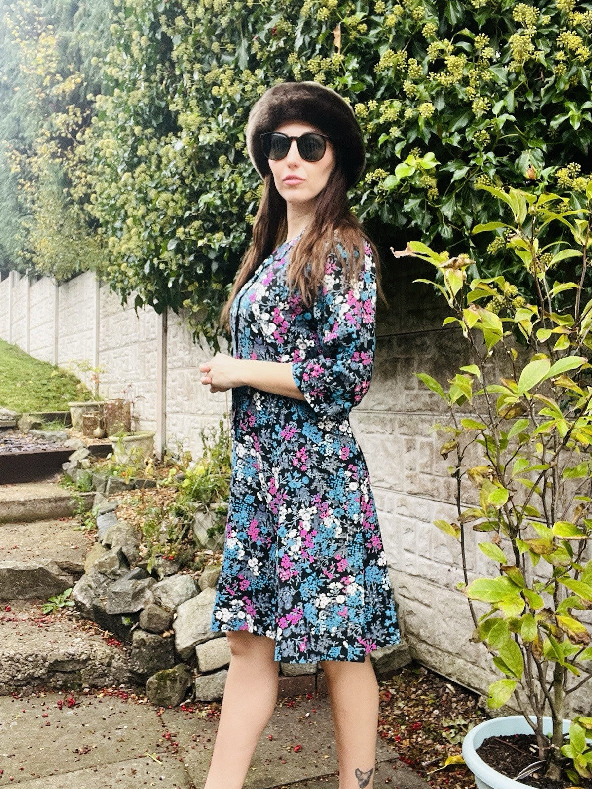 Vintgae 1960s Floral Dress Blue Size 16 Ditsy Retro Boho Casual Tea Dress