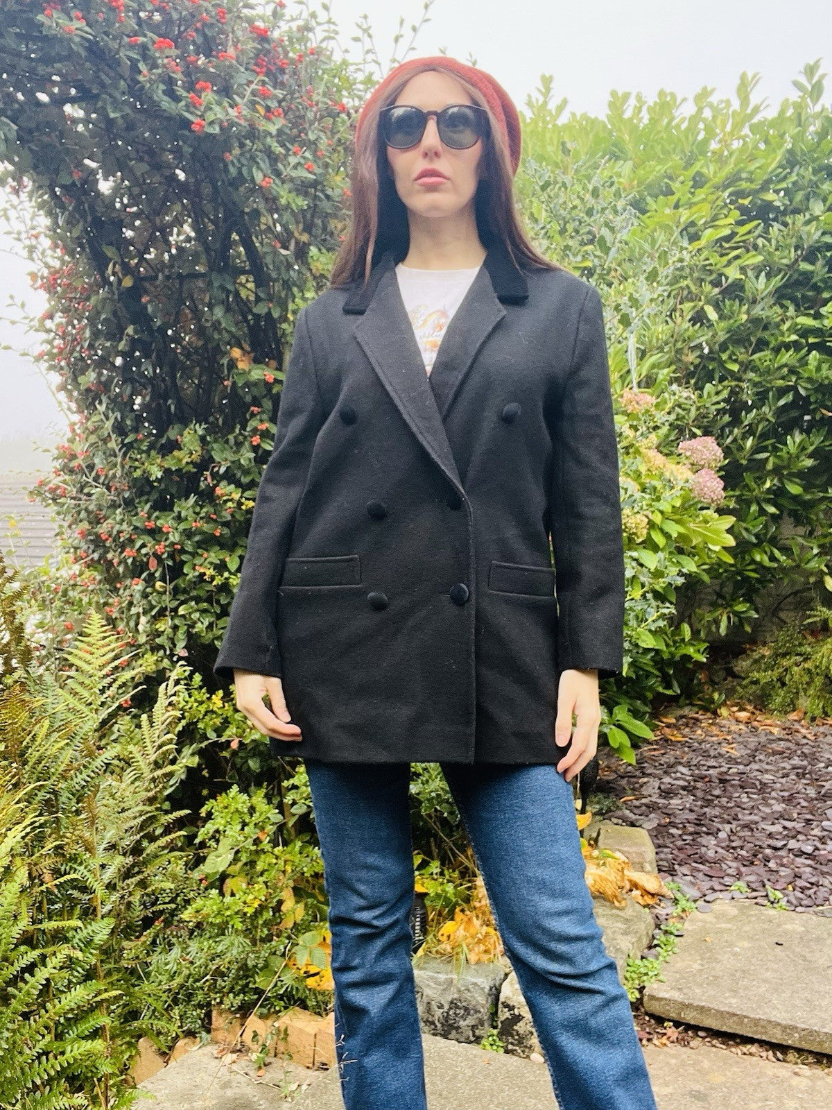 Vintage 70s Winter Coat By Etam Warm Black Jacket With Velvet Collar Size 14