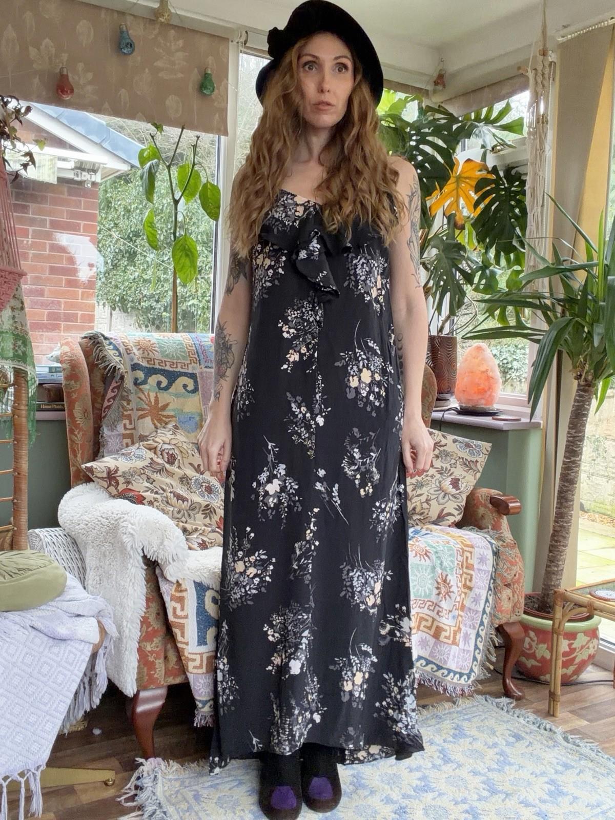 Vintage 1990s Whimsigoth Dress By Wallis Black Size 8 Long Maxi Floaty Summer