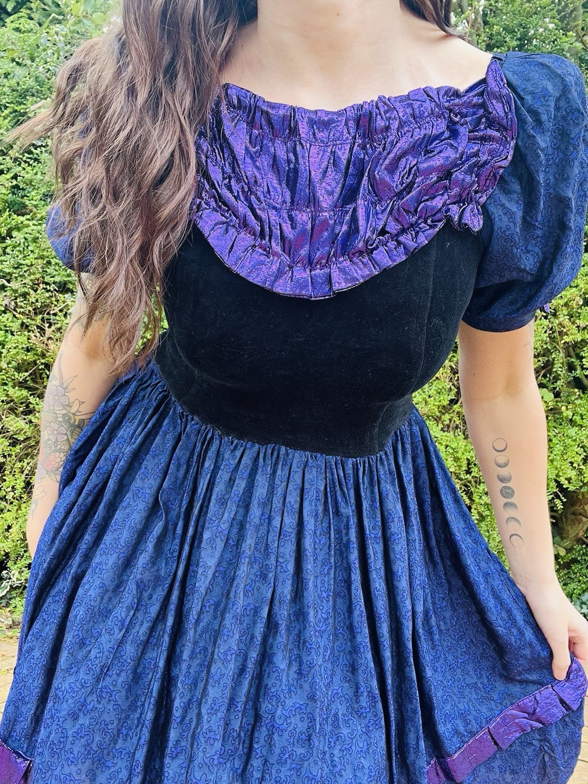 Vintage 1990s Frilly Dress, Velvet Bodice Cotton Skirts Puff Sleeves, Purple 6-8