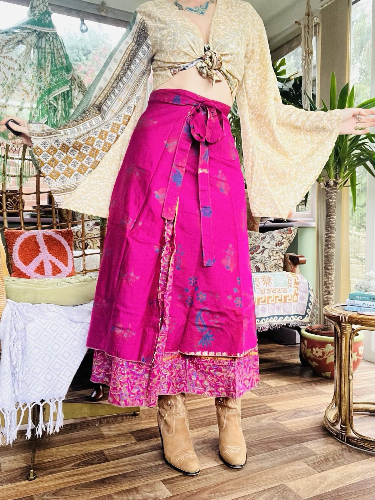 Layered Hippie Maxi Skirt Vintage Sari Silk Hippie Boho Long Gypsy Wrap Skirt