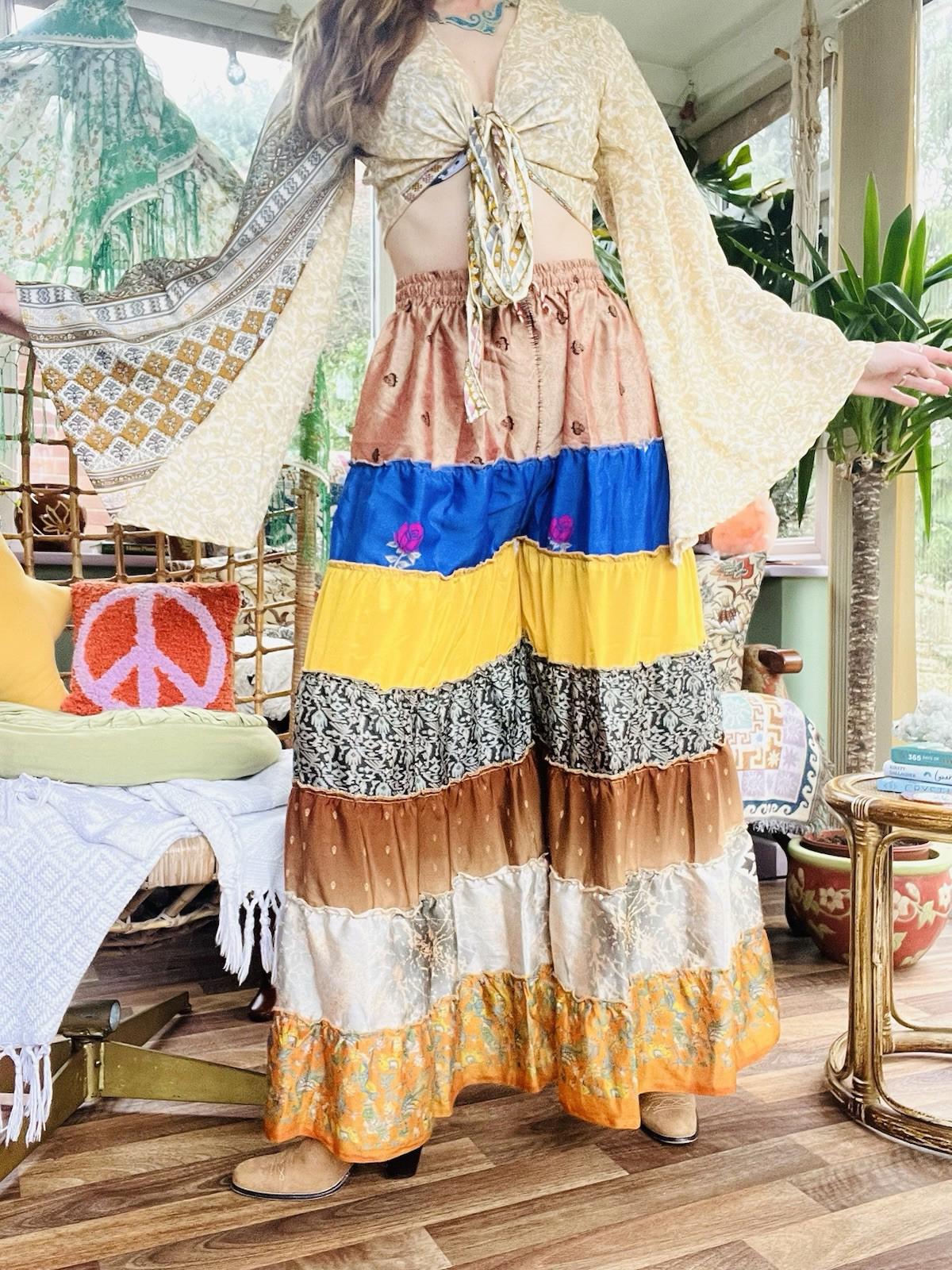 Wide Leg Trousers Vintage Patchwork Layered Sari Silk Hippie Boho Gypsy Pants M