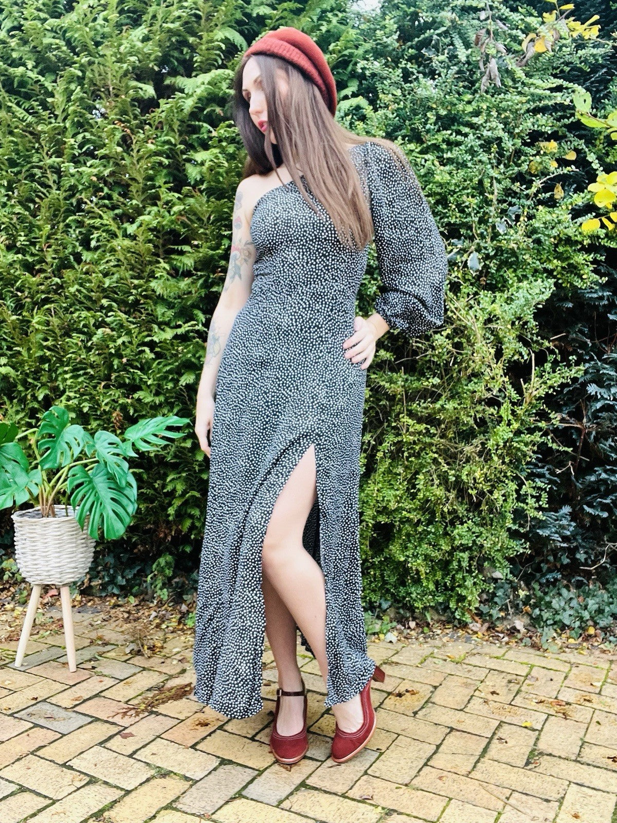 One Shoulder Maxi dress By Free People 6 To 8 Leg split hippie boho Polkadot