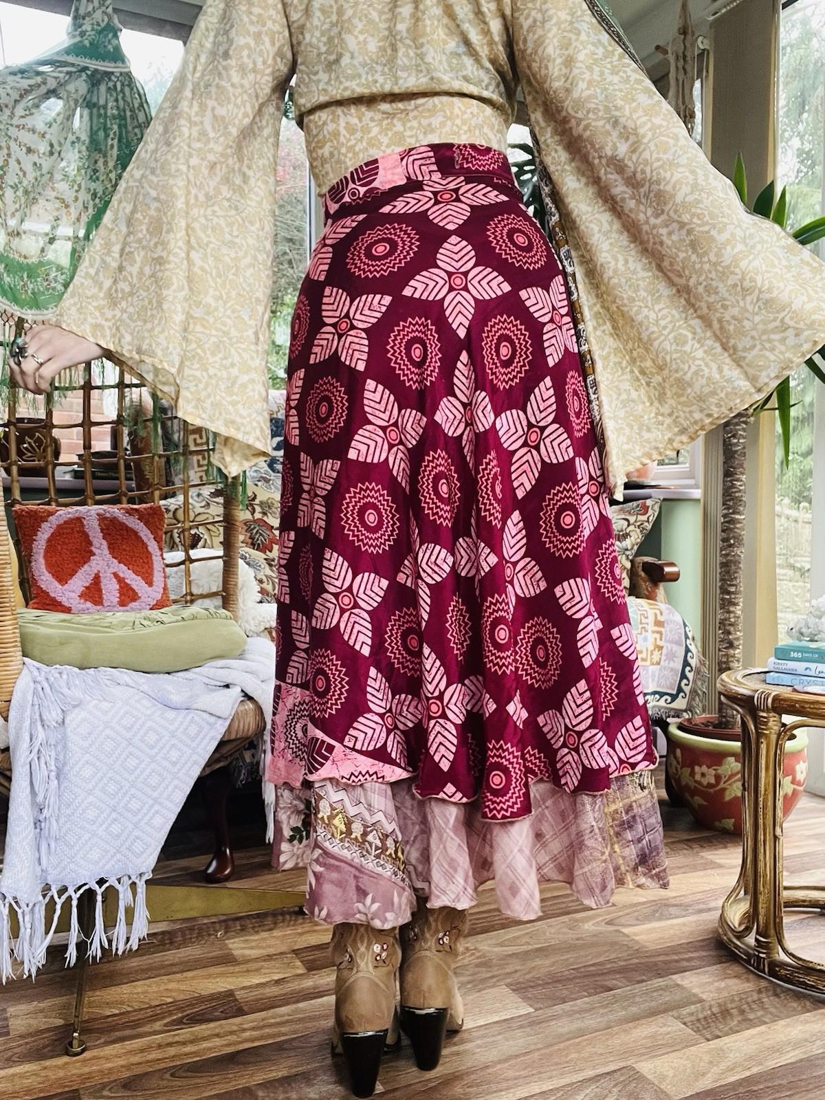 Layered Hippie Maxi Skirt Vintage Sari Silk Hippie Boho Long Gypsy Wrap Skirt
