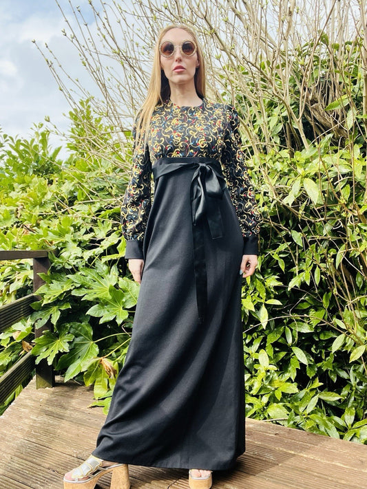 Vintage 1960s Maxi Dress Long Sleeve Embroidered Hippie Boho Tie Waist Dress 10