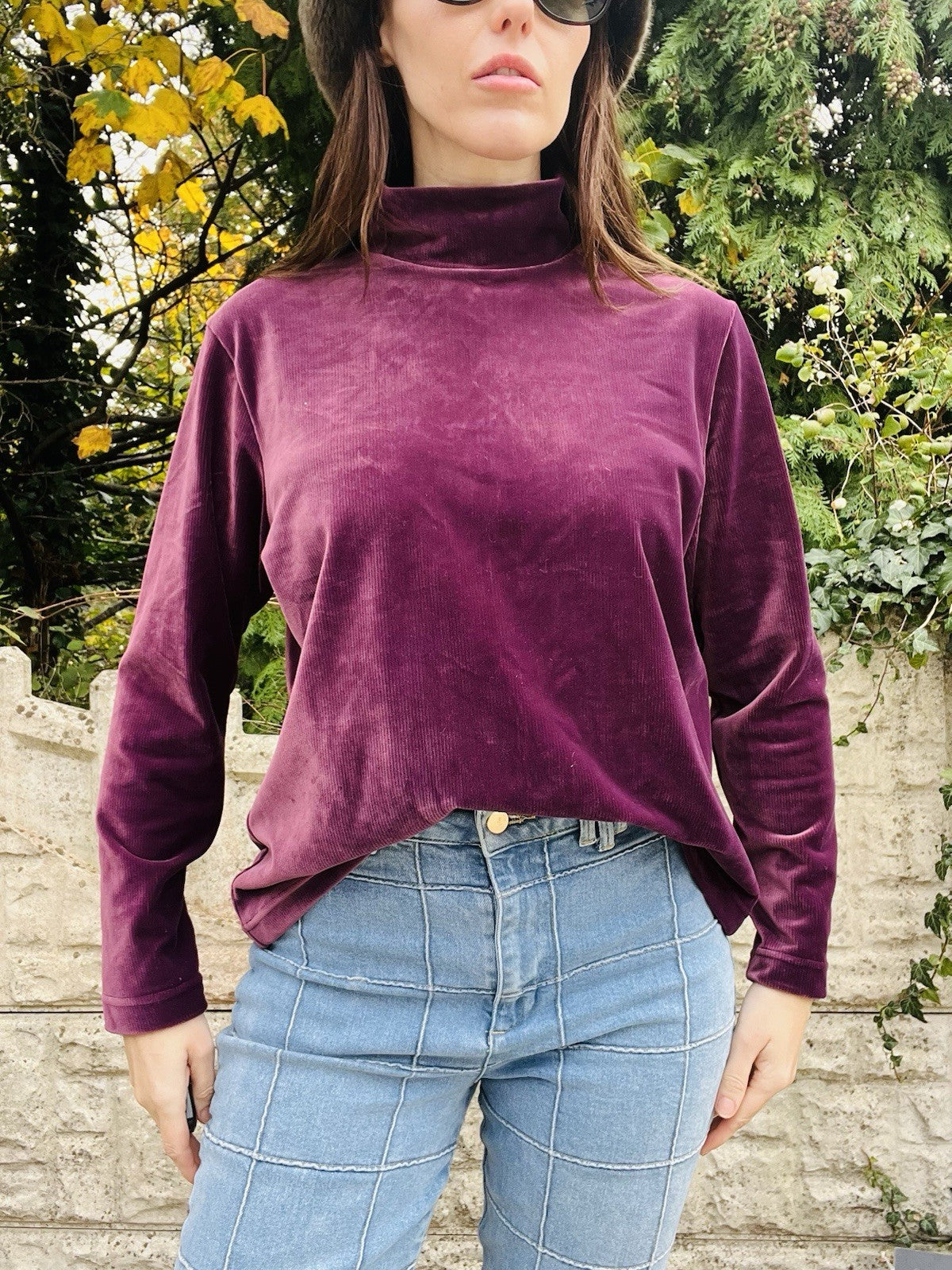 Vintage 1980s Velvet Top Purple Size 18 By Berkertex, Turtle Neck Ribbed Jumper