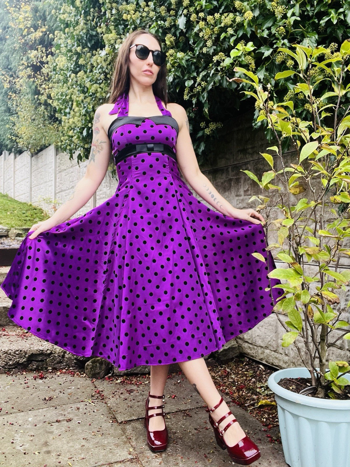 Vintage 80s Swing Dress Purple Size 8 1850s Style Polkadot Midi Dress