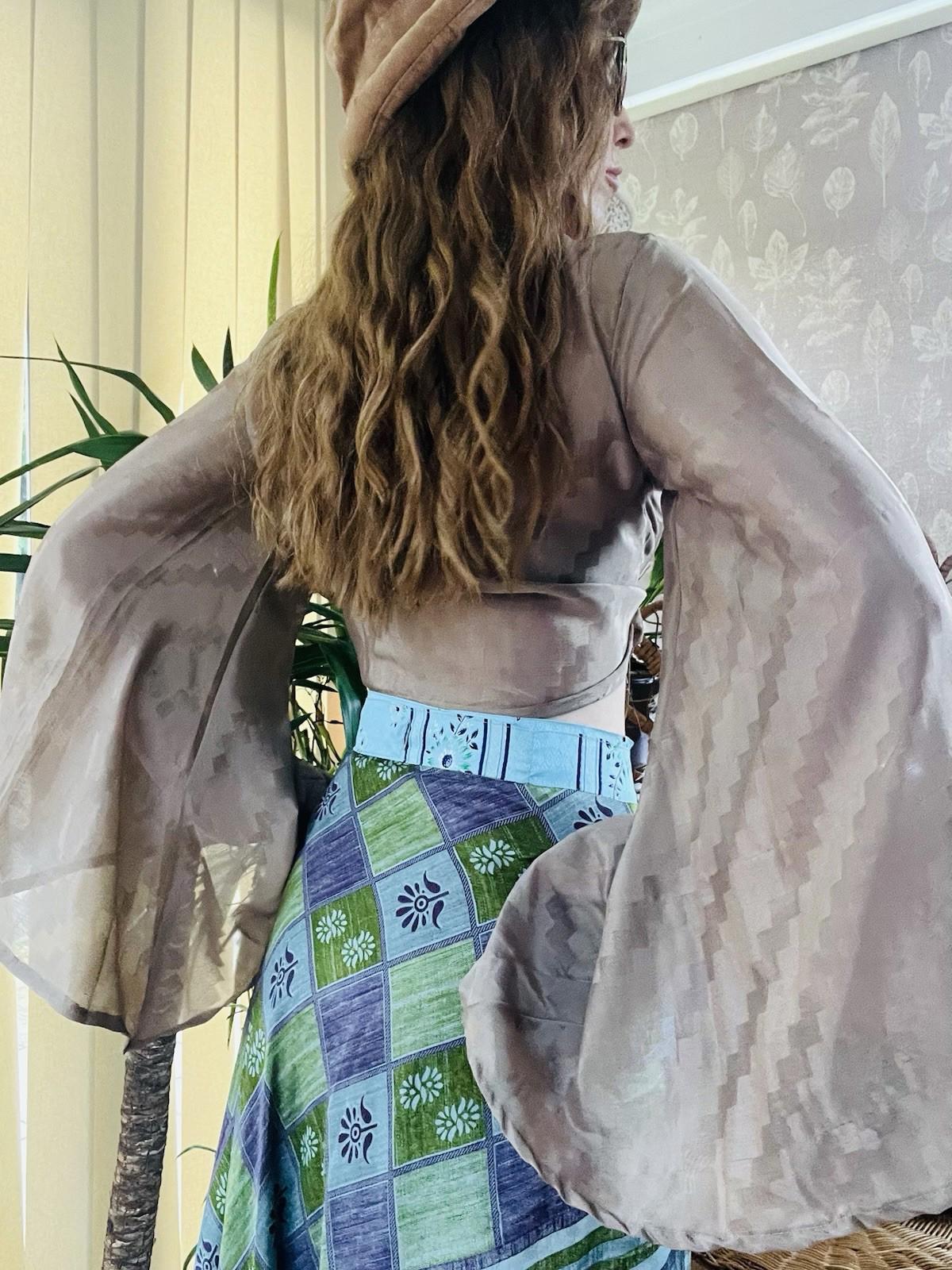 Flared Sleeve Top Vintage Silk Hippie Boho Bell Sleeved Wrap Top Gypsy Bolero