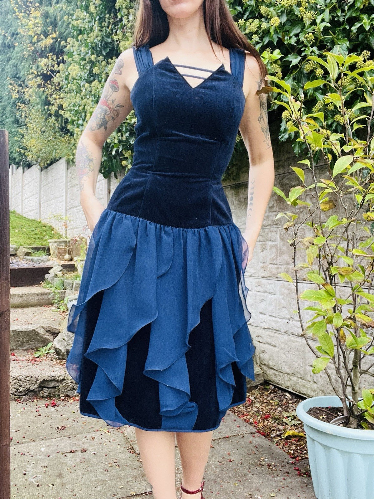 Vintage 80s Party Dress Blue Size 10 Whimsigoth Fairycore Velvet Layered Dress