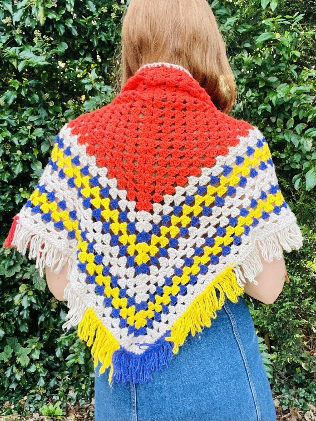 Vintage Knit Crochet Shawl Hippie Boho Triangle Wrap Cape Cottage Whimsy Scarf