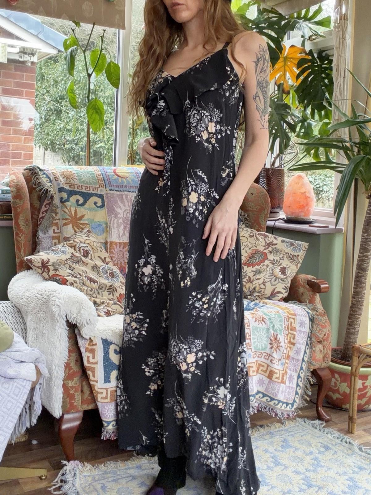 Vintage 1990s Whimsigoth Dress By Wallis Black Size 8 Long Maxi Floaty Summer