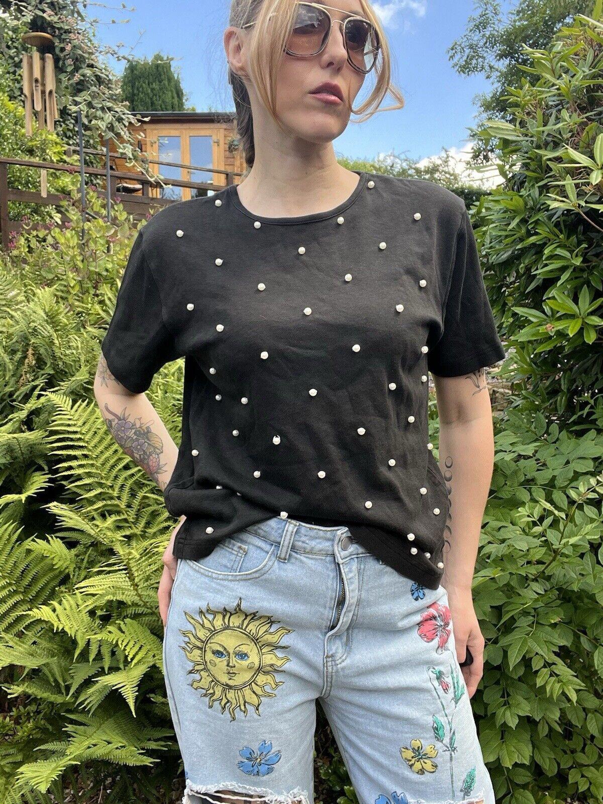 Vintage 1980s Tshirt Top By SK & Company With Faux Pearl Detail Size M 12 14