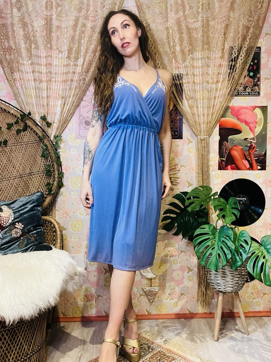 Vintage 1970s Summer Dress By Radley With Embroidered Detail Purple Size 10-12
