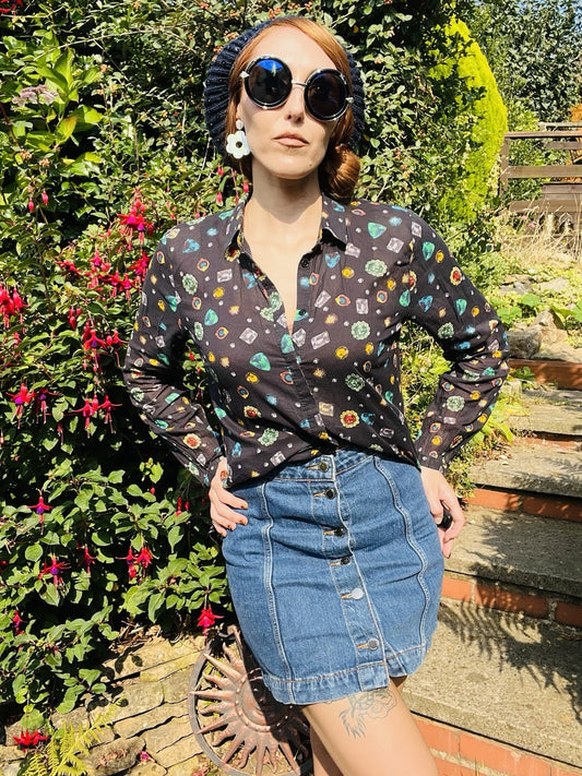 Vintage Blouse Bold Retro Print Collared Shirt Casual Or Formal Office Workwear