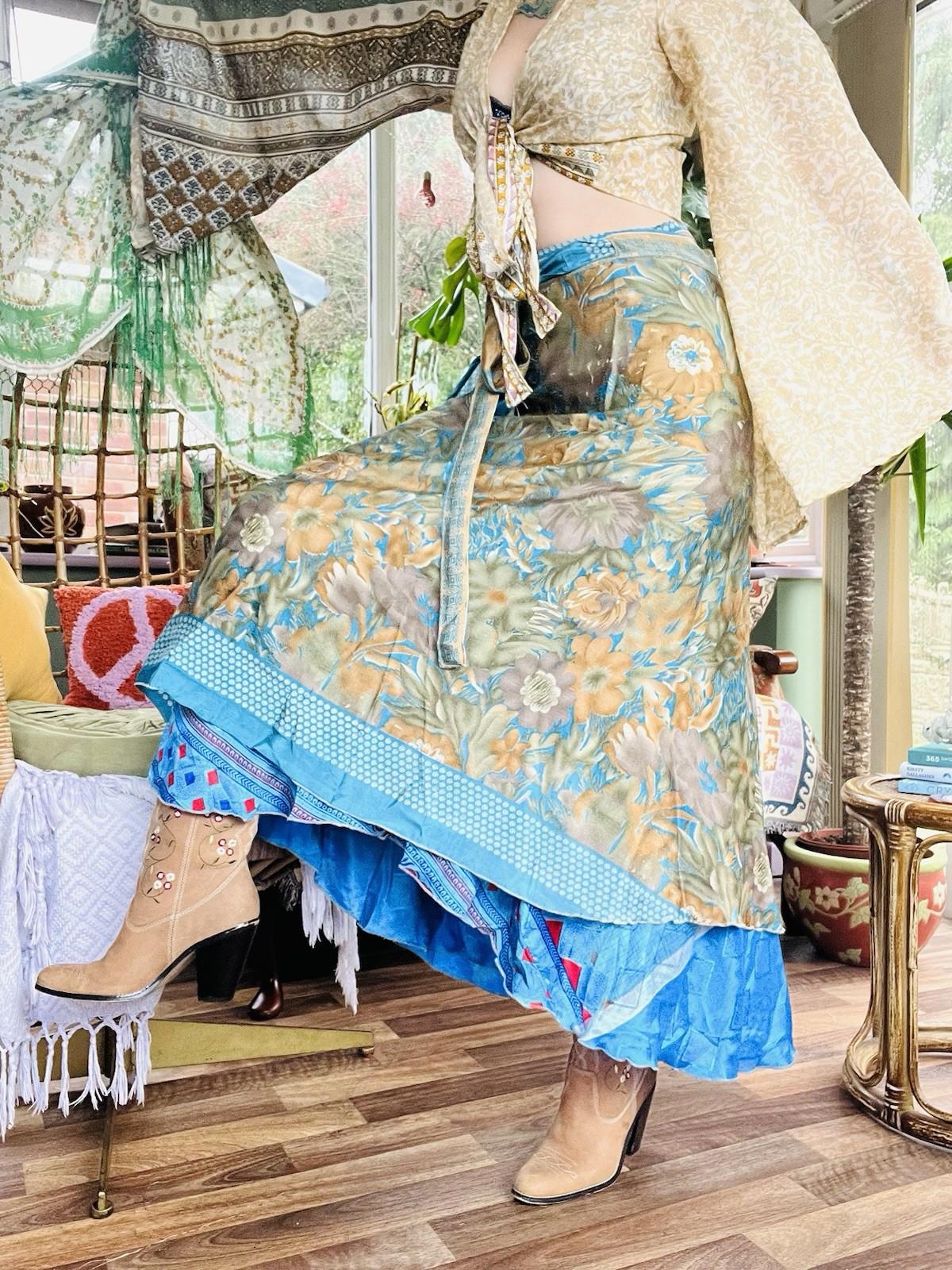 Layered Hippie Maxi Skirt Vintage Sari Silk Hippie Boho Long Gypsy Wrap Skirt