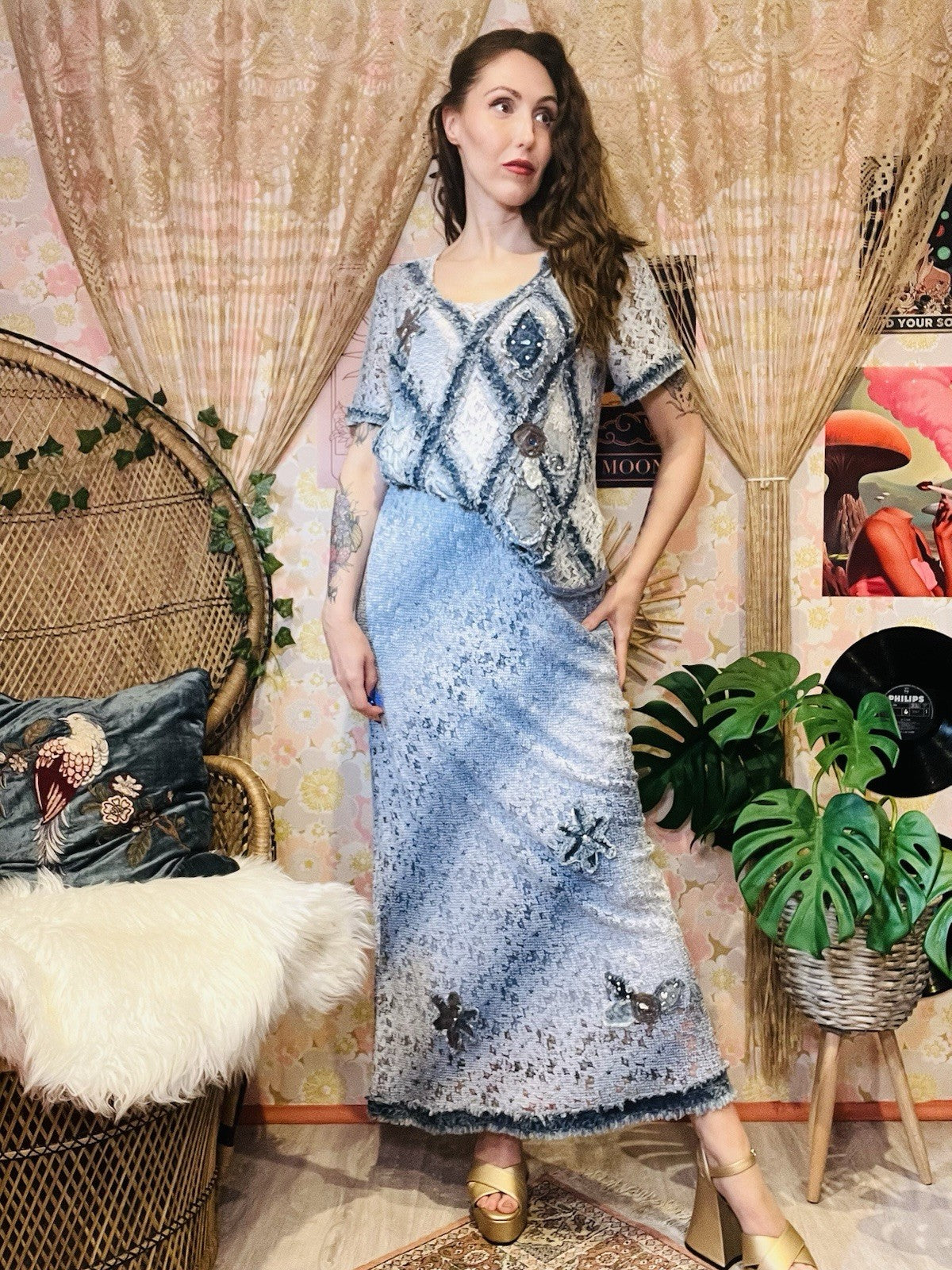 Vintage 90s Two Price Coord Set Maxi Skirt Sand T-shirt Top Frayed Denim Look 14