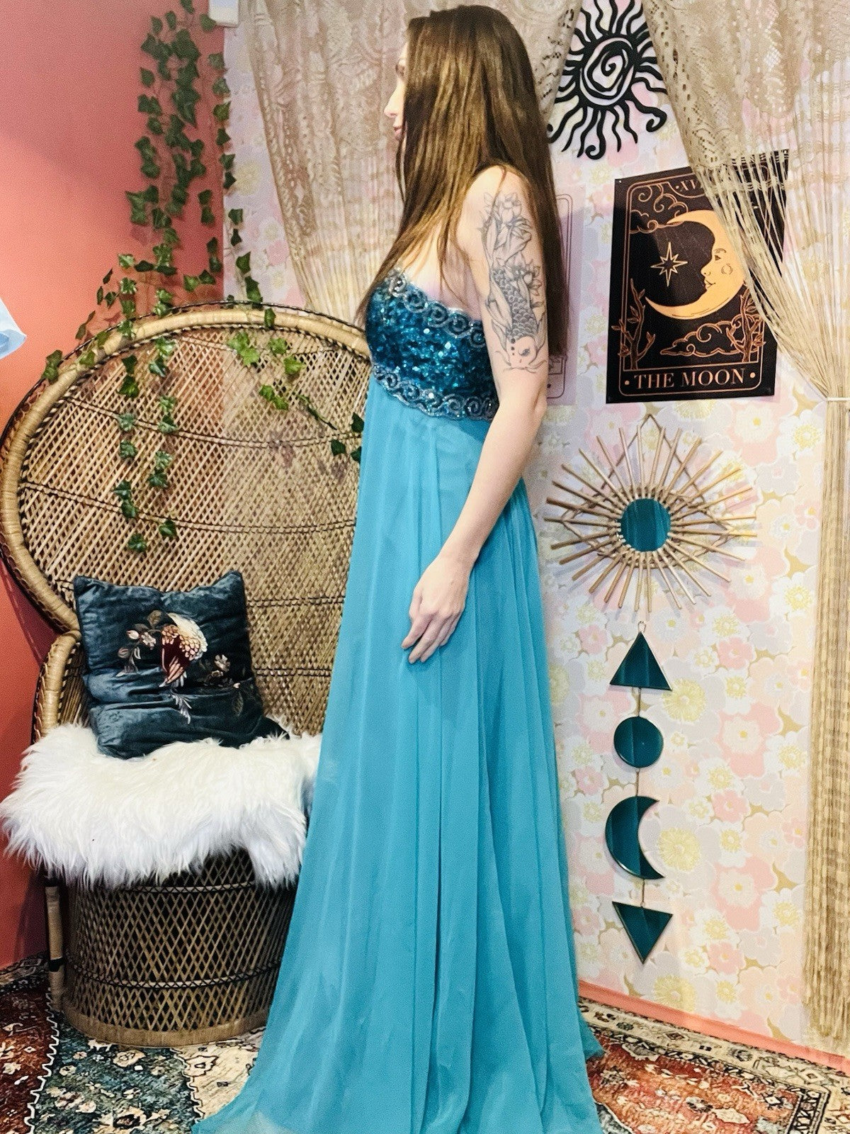 Vintage 70s 80s Dress Size 8 Teal Blue Designer Mike Benet Sequin Ball Gown