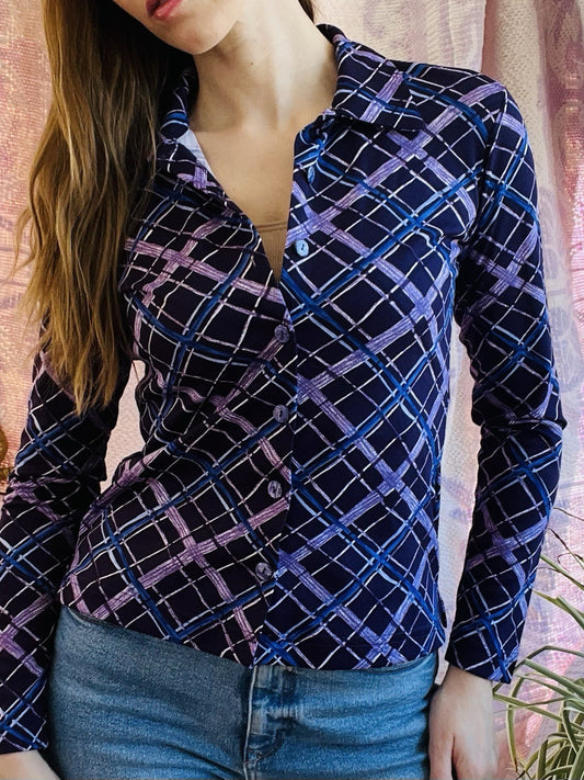 Vintage Blouse Bold Retro Print Collared Shirt Casual Or Formal Office Workwear