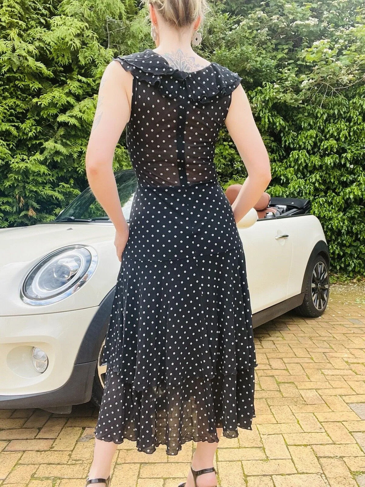 1980s polkadot cocktail dress Black Size 10 M True Vintage frilly layered midi