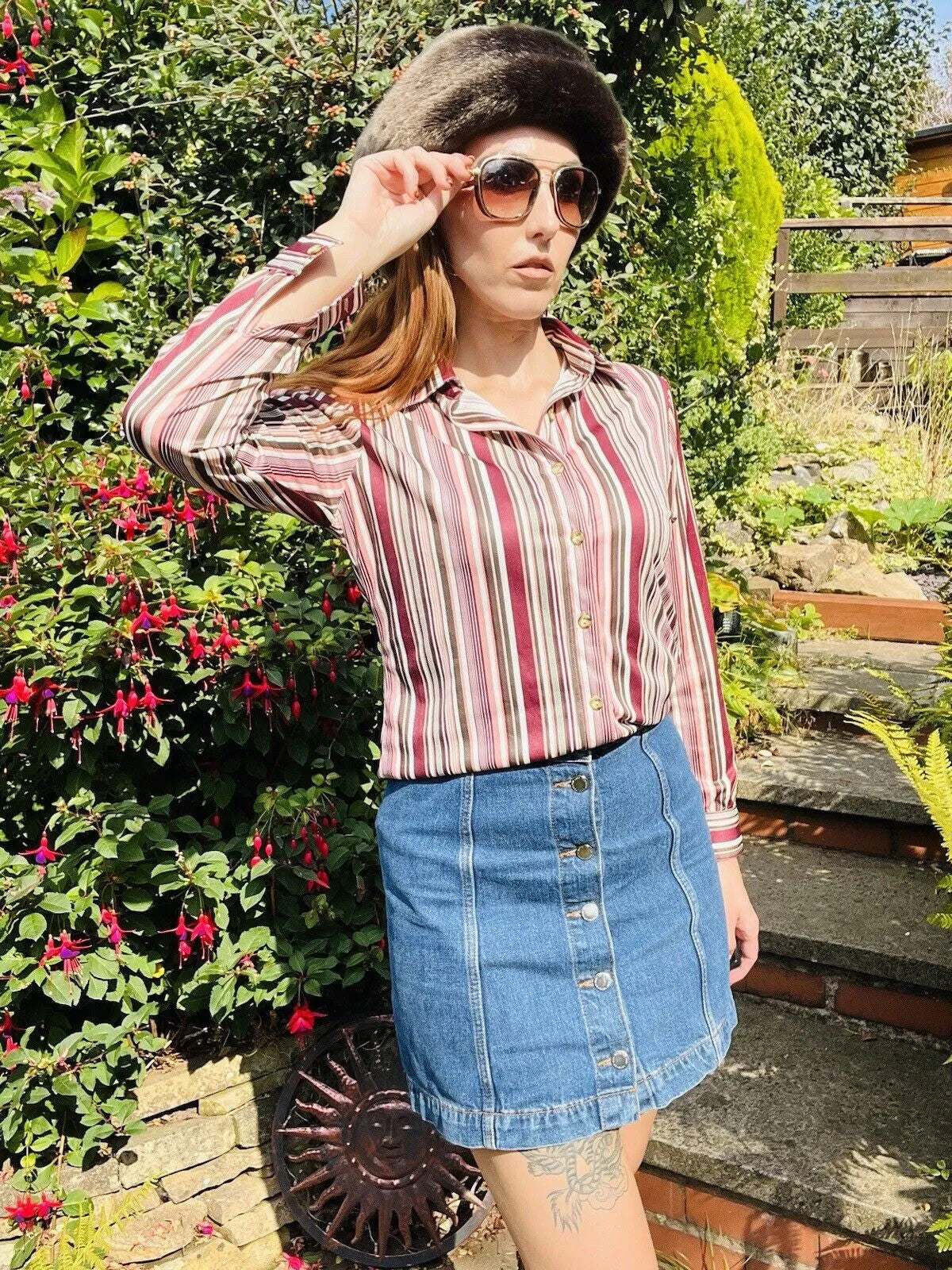 vintage striped shirt Size 10 12 Striped retro blouse by Areacode Pink Purple