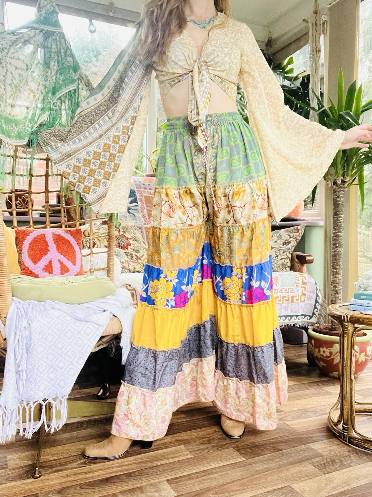 Wide Leg Trousers Vintage Patchwork Layered Sari Silk Hippie Boho Gypsy Pants M