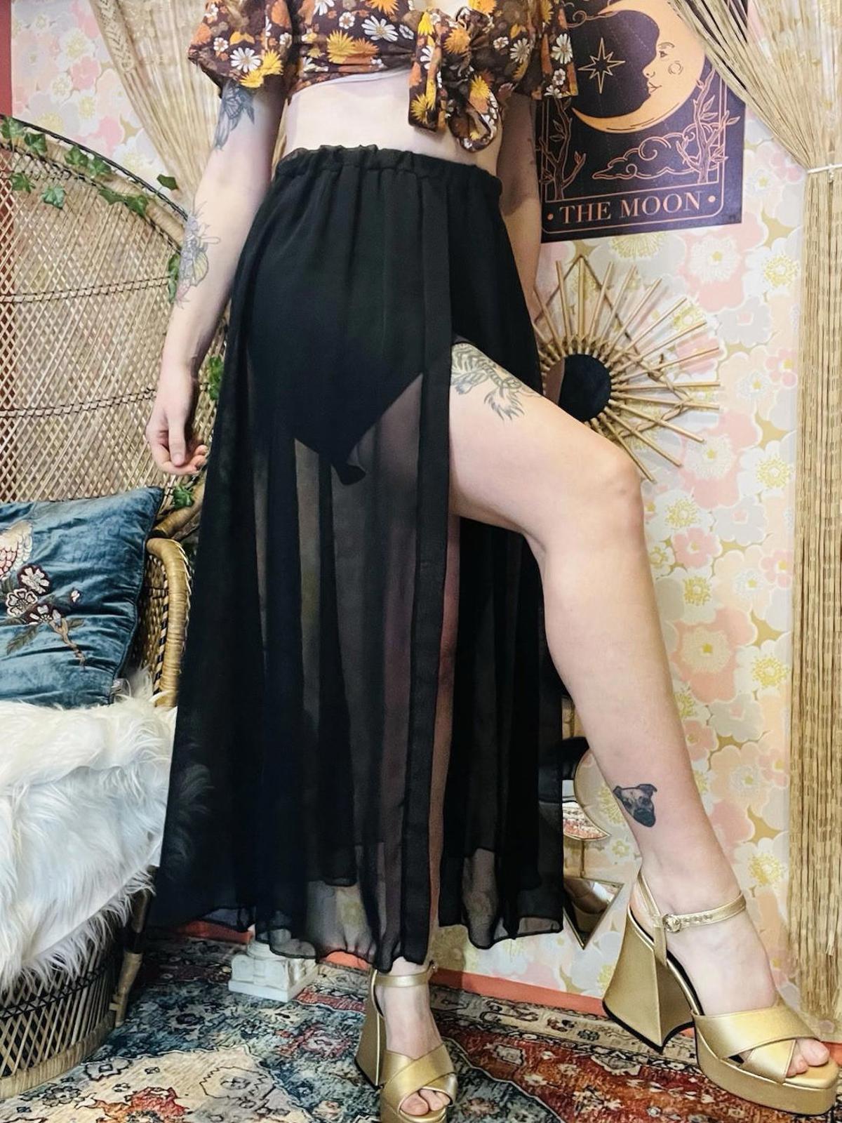 Vintage 1990s Sheer Skirt With Shorts And Slit Elasticated Waist Skort Black S