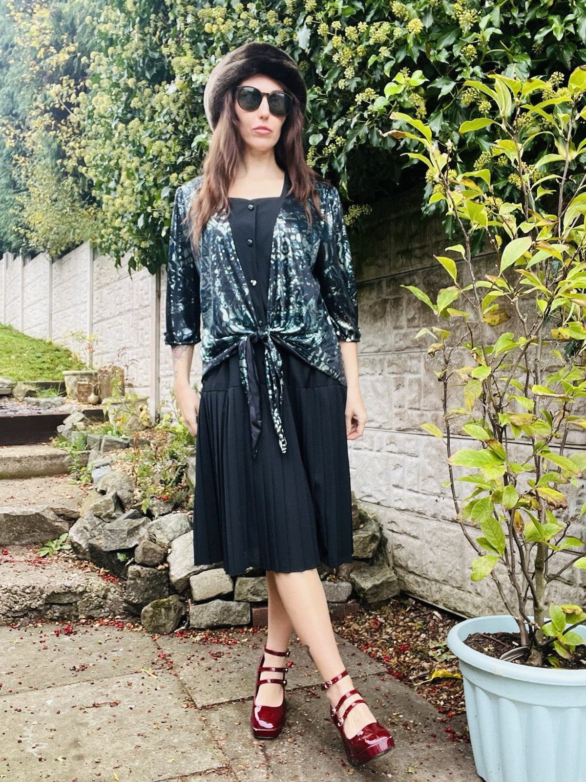 Vintage 1980s Dress Black Size 20 Retro Pleated Skirt Wrap Top