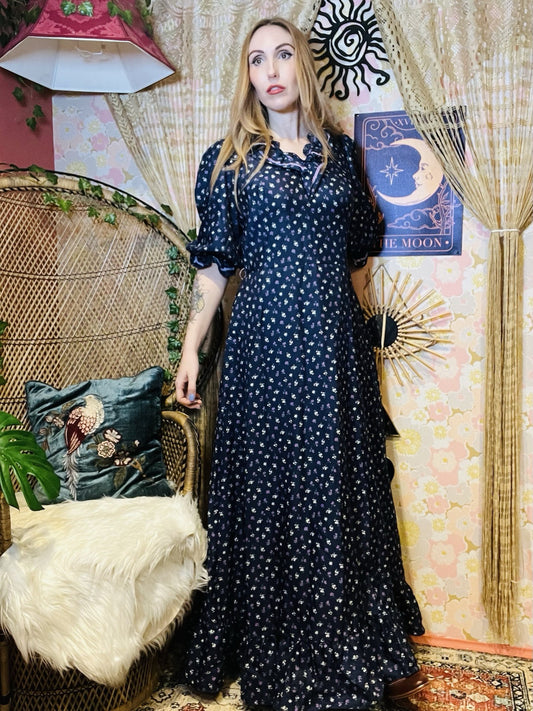 Vintage 1970s Maxi Dress Frilly Ditsy Floral Cottagecore Summer Dress Blue 16