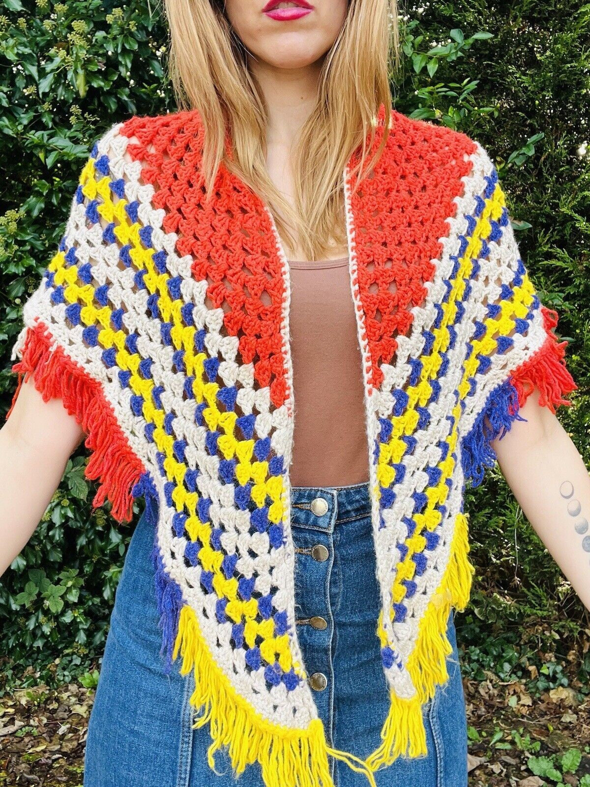 Vintage Knit Crochet Shawl Hippie Boho Triangle Wrap Cape Cottage Whimsy Scarf