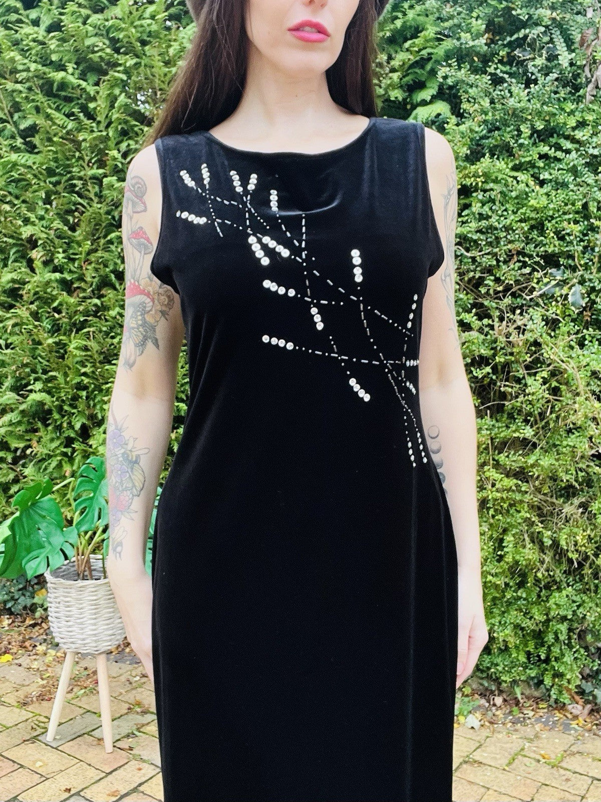 Vintage 90s Velvet Dress Black Size 14 Whimsigoth Sequin Long Cocktail Dress
