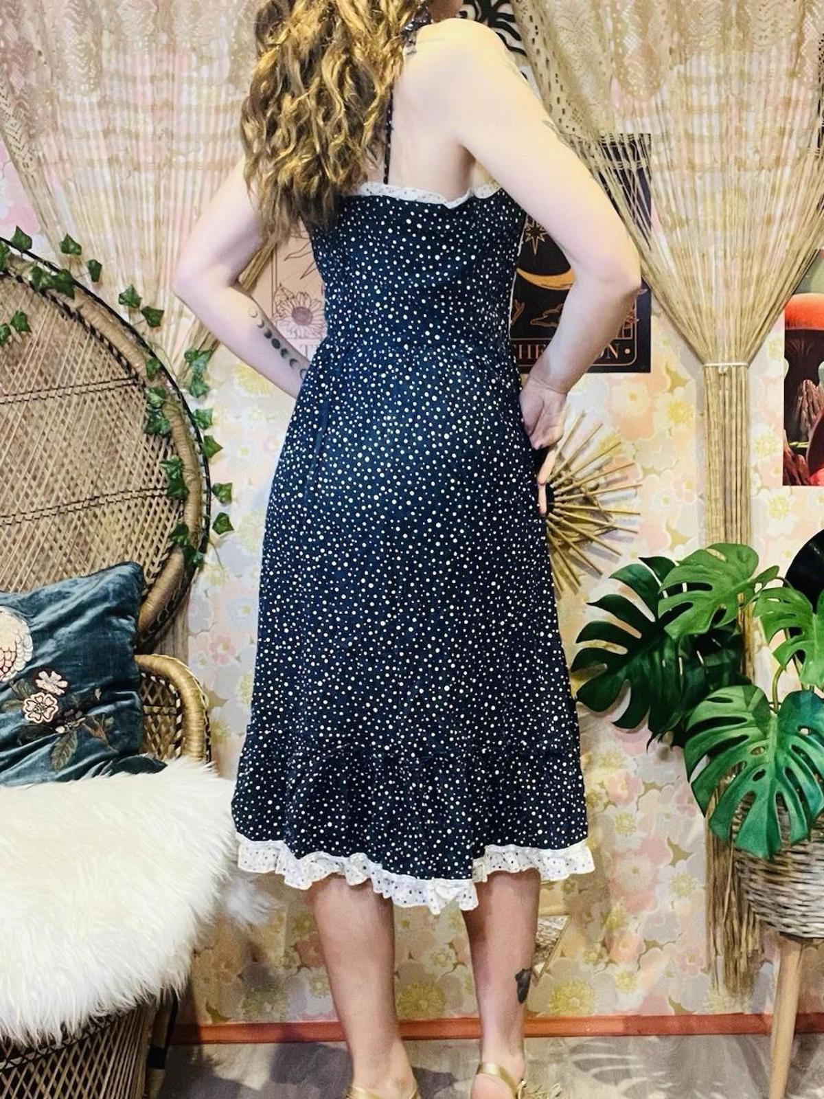Vintage 1960s Summer Dress Polkadot With Frilly Hem And Pockets Size 12