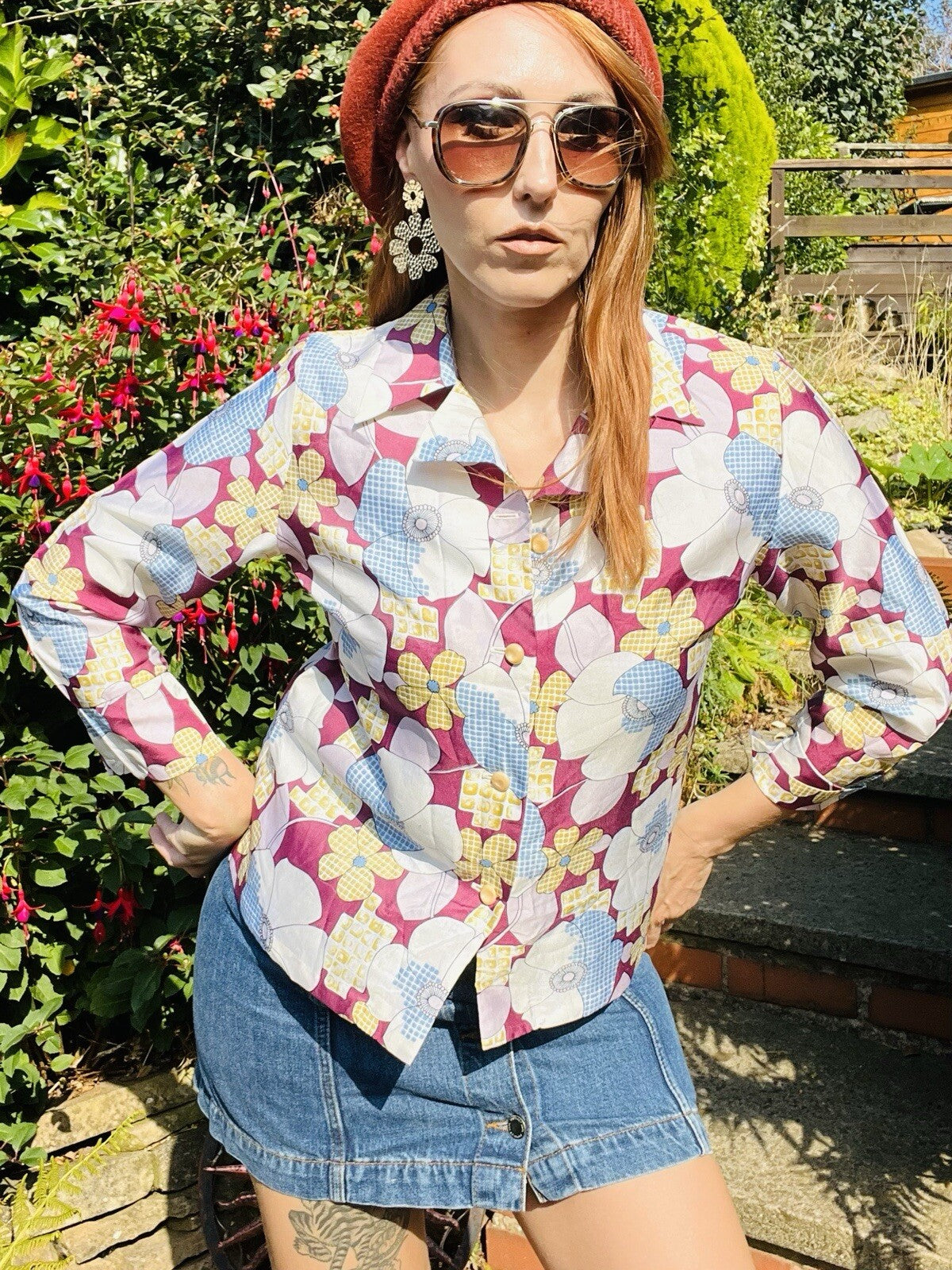 Vintage Retro Floral Shirt Bold Abstract Long Sleeved Blouse Size 12-14