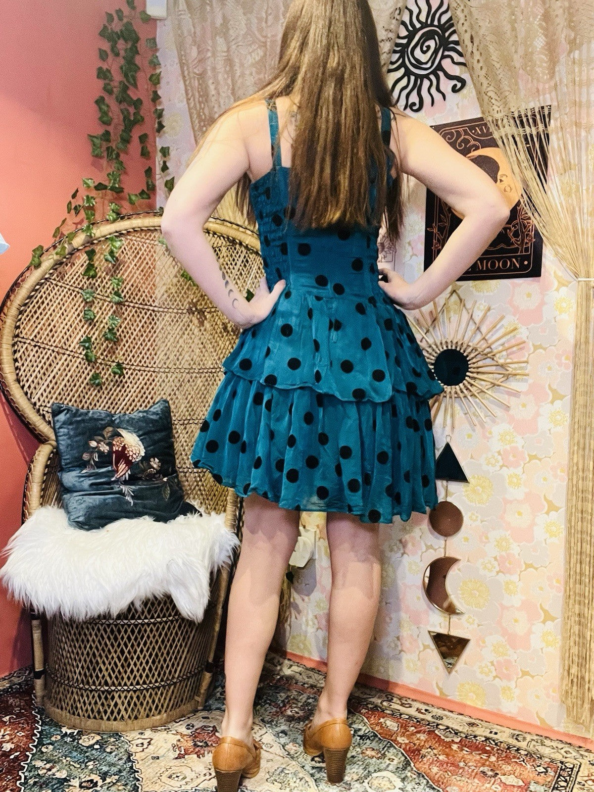 Vintage 80s Party Dress Size 8 Teal Polkadot Layered Retro 80s Fancy Dress