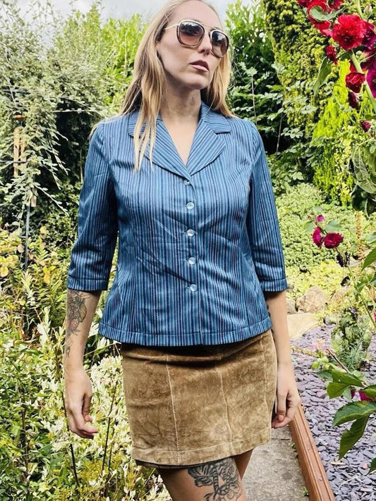 Vintage 1960s Striped Blouse 3/4 Sleeve Shirt With Collar Blue Size 10 to12