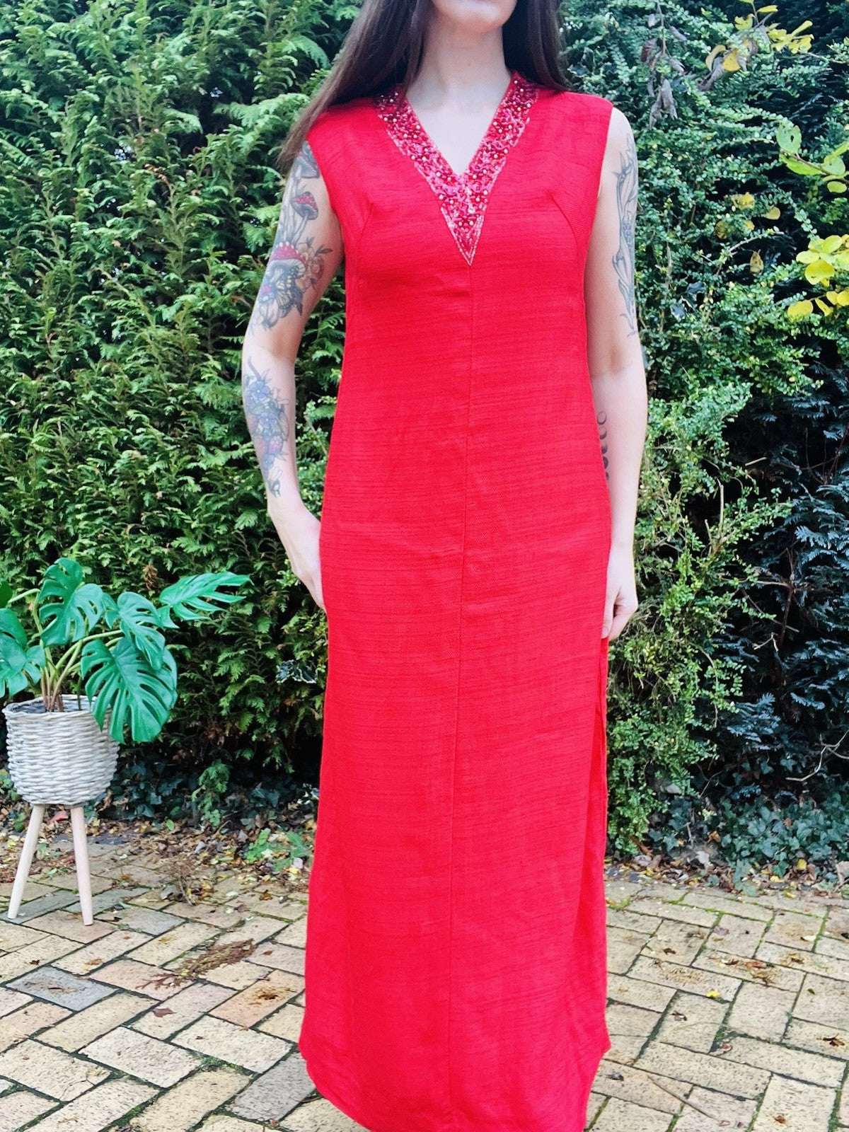 Vintage 1970s Maxi Dress Beaded Embellished Long Retro 70s Dress Red Size 14