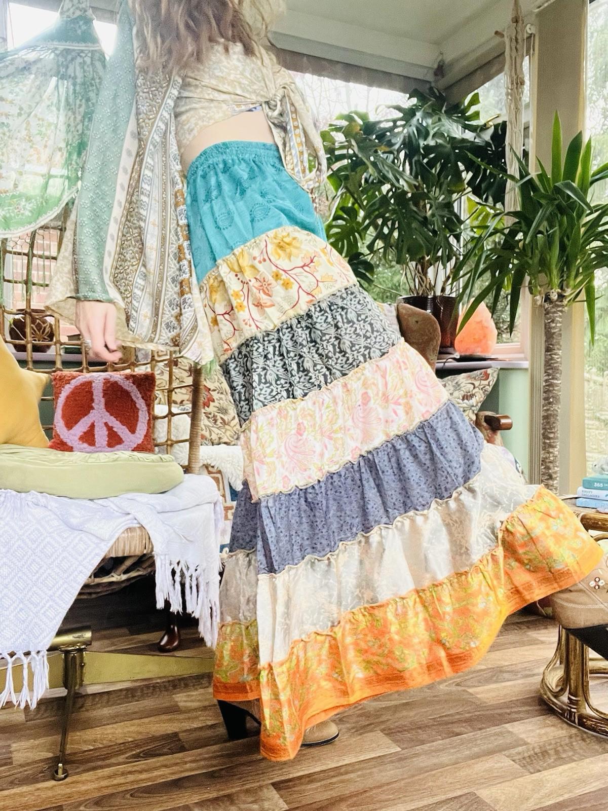 Wide Leg Trousers Vintage Patchwork Layered Sari Silk Hippie Boho Gypsy Pants M