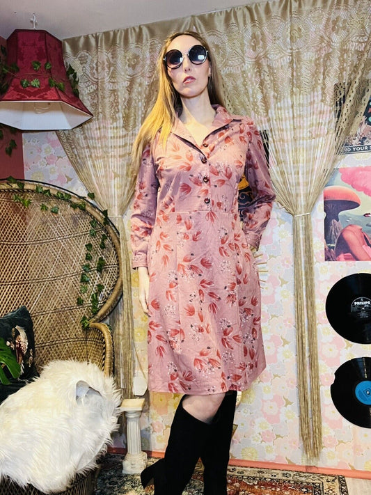 Vintage 1960s Shirt Dress Long Sleeve With Collar Floral Design Pink Size 14