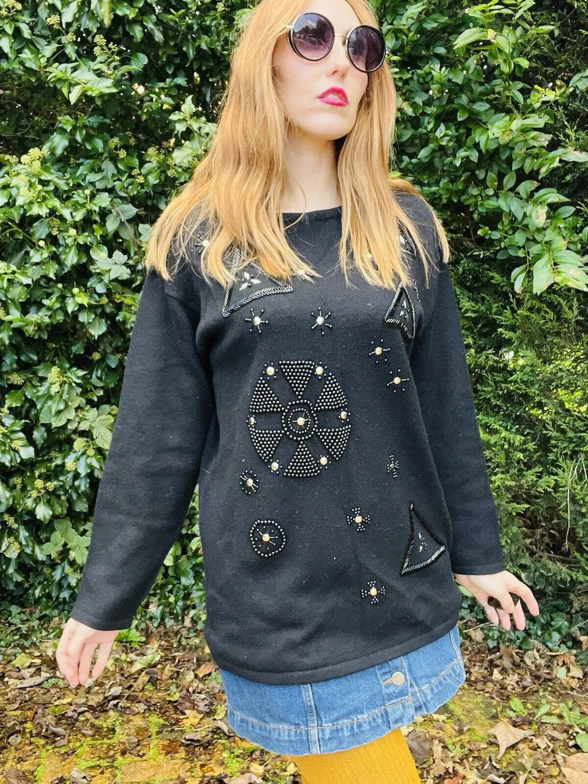 Vintage 1980s Wool Blend Jumper Size 14 Festive Christmas Sweater Beaded Black