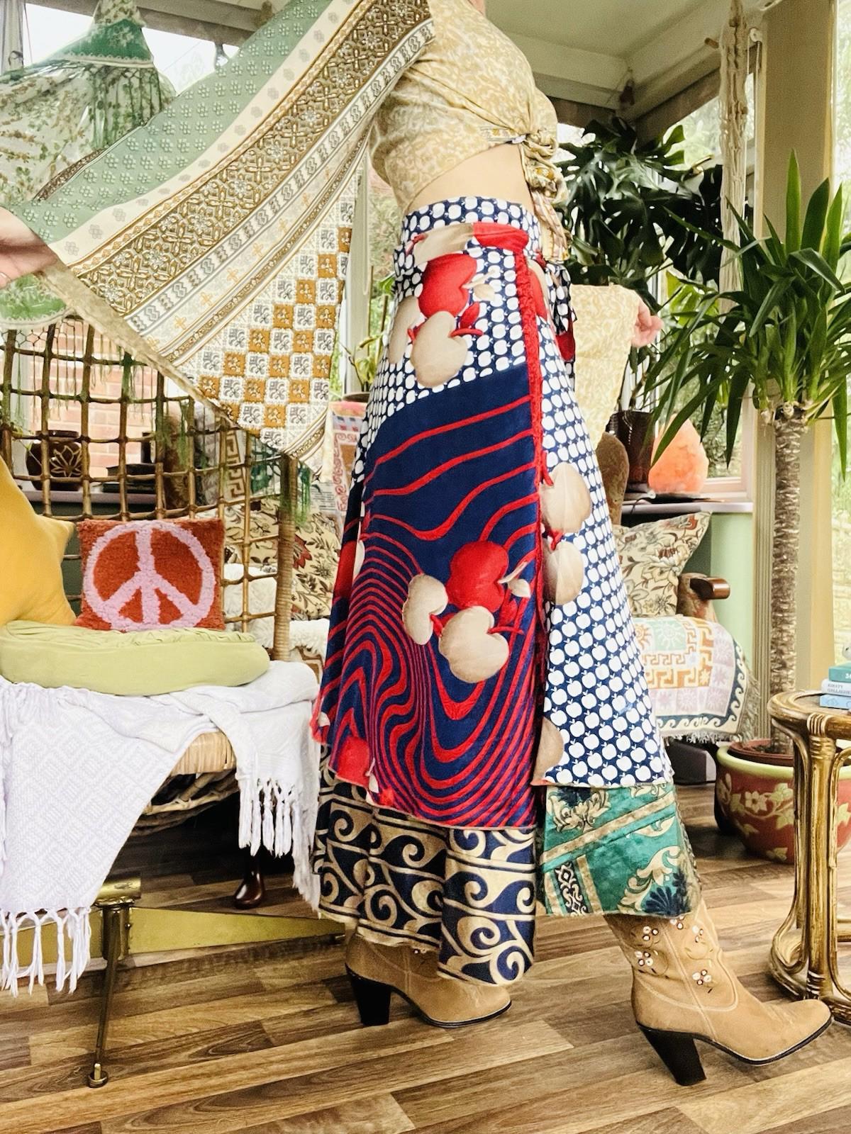 Layered Hippie Maxi Skirt Vintage Sari Silk Hippie Boho Long Gypsy Wrap Skirt