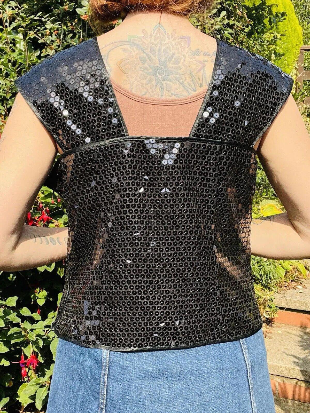 Vintage 1980s Sequin Top 16 Black Sparkly Evening Tank Vest Top Sleeveless Cami