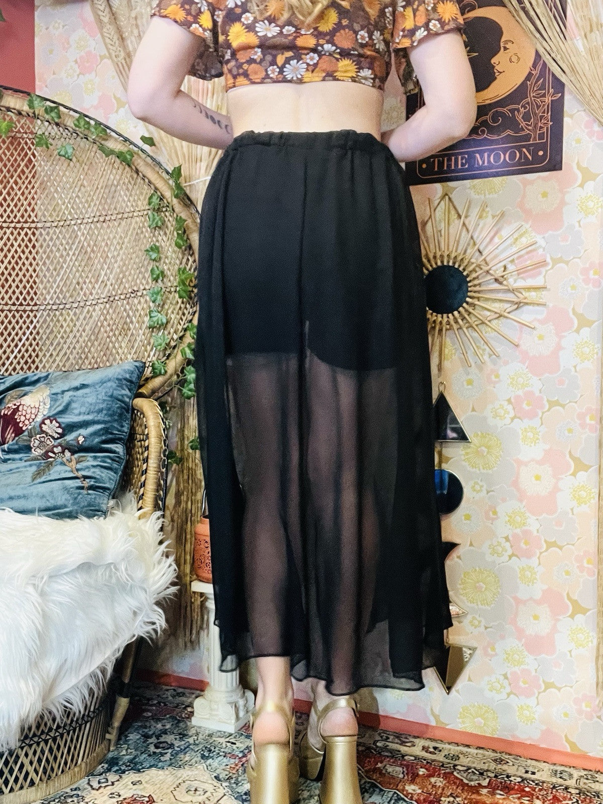 Vintage 1990s Sheer Skirt With Shorts And Slit Elasticated Waist Skort Black S
