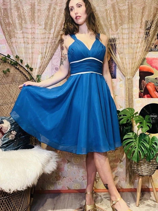 Vintage 1980s Party Dress Floaty Rouched Waist Cocktail Dress Blue Size 10