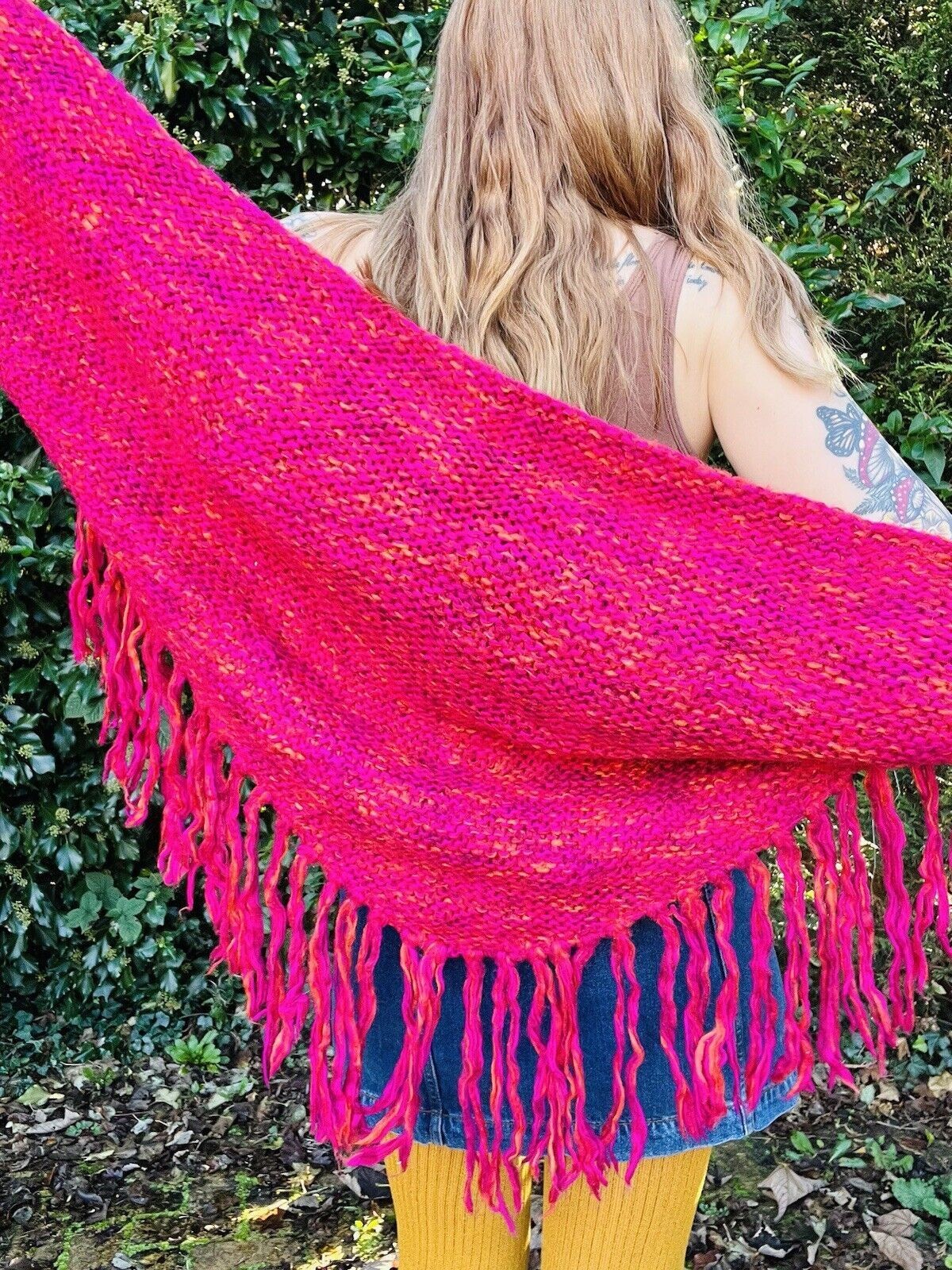 Vintage Knit Crochet Shawl Hippie Boho Triangle Wrap Cape Cottage Whimsy Scarf