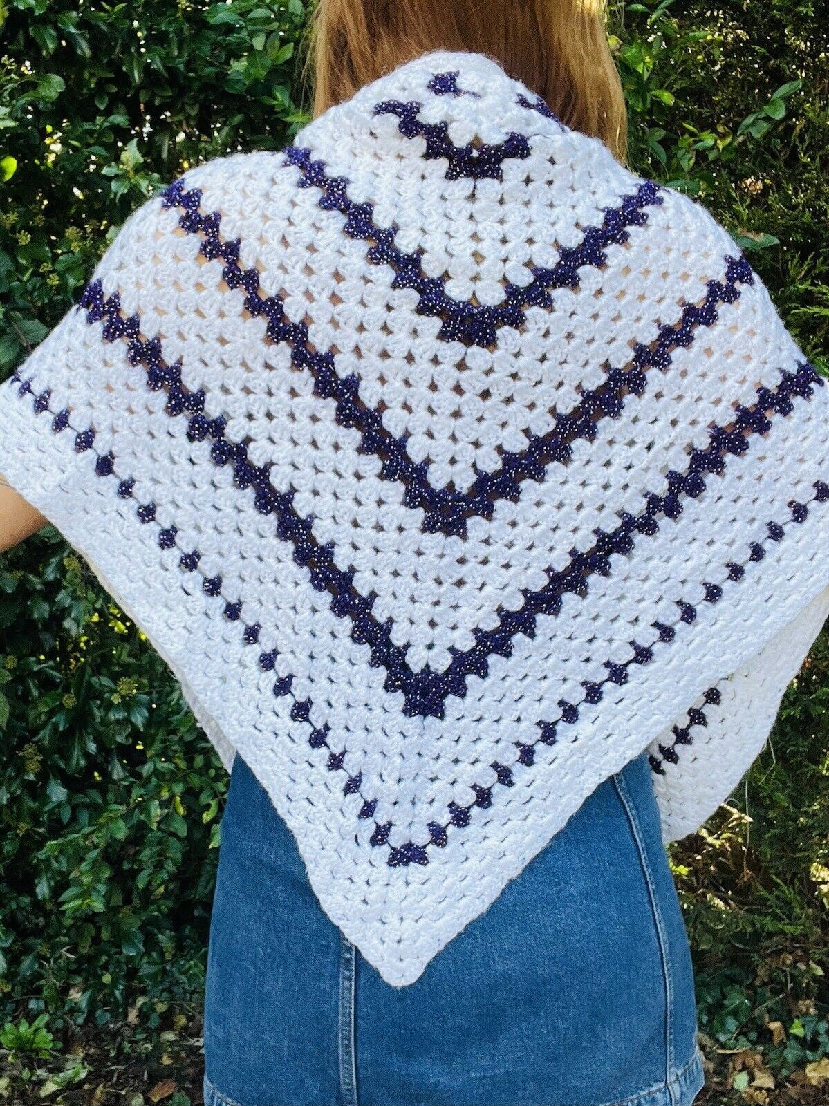 Vintage Knit Crochet Shawl Hippie Boho Triangle Wrap Cape Cottage Whimsy Scarf