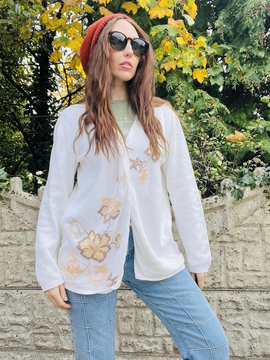 Vintage 90s Cardigan 14 St Michael cottagecore Cotton Knit Floral Whimsy Jumper